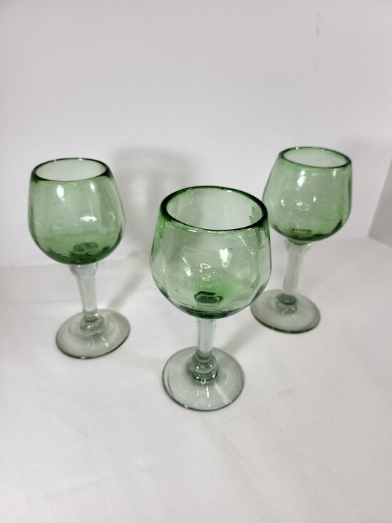 Other - Vintage Hand‎ Blown Green Glass Goblets, Set of 3 Bubble Glass Wine Glasses